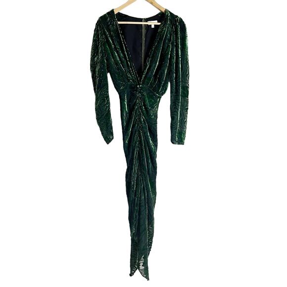 Ronny Kobo Astrid Green Animal Print Velvet Ruched Long Sleeve Midi Dress XS - Picture 4 of 14